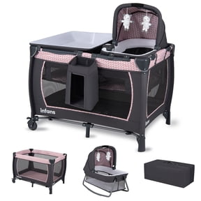 INFANS 4 in 1 Pack and Play, Portable for Baby Kid Infant, Travel Playard with Bassinet, Mattress, Diaper Changer, Bag, Music Box, Storage Basket