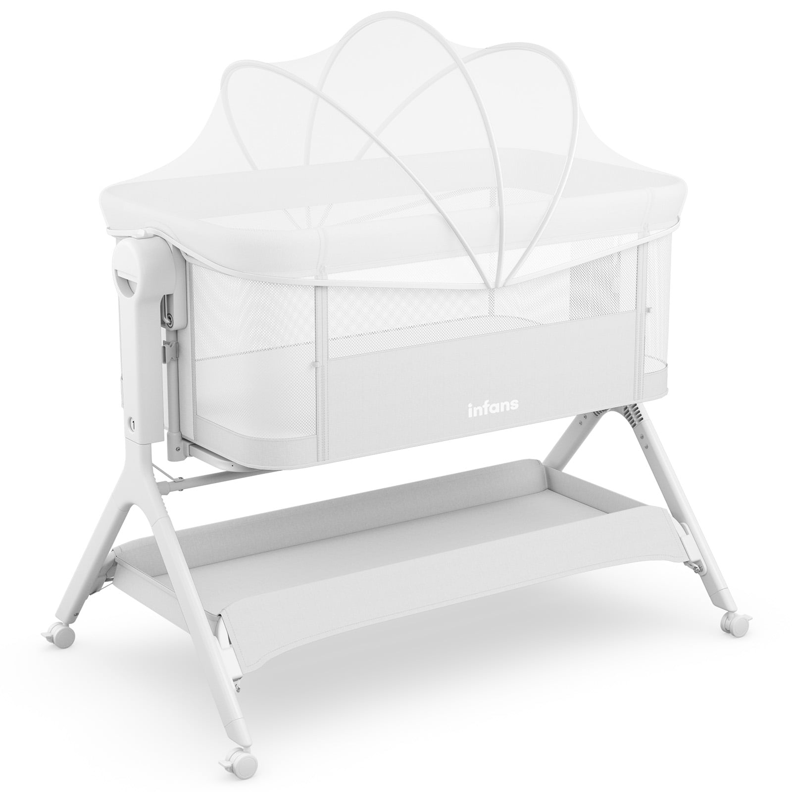 INFANS 5 in 1 Baby Upgraded Flat Rocking Bedside Sleeper with Wheels, Storage Basket