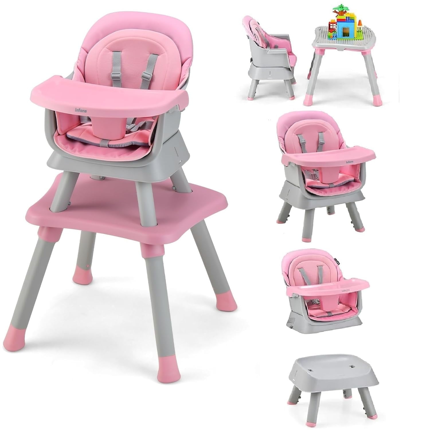 INFANS 8 in 1 Convertible Baby High Chair Adjustable Dining Seat Kids Stool Table Set with Removable Tray Pink Walmart