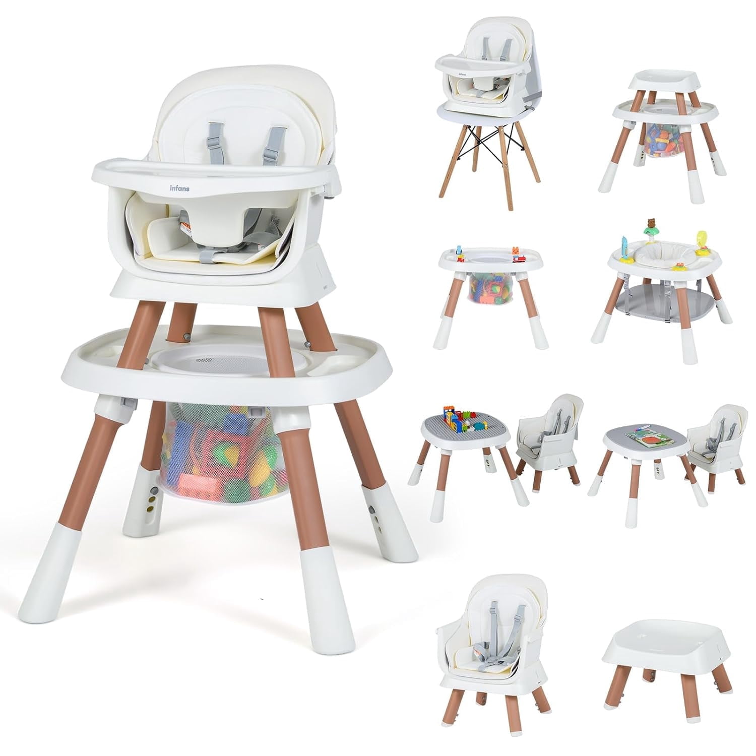 INFANS 9 in 1 High Chair, Convertible Baby Highchair for Babies and Toddlers, Table and Chair Set Building Block Infant Dining Booster Seat, Kids Stool with Activity Children Play Kitchen