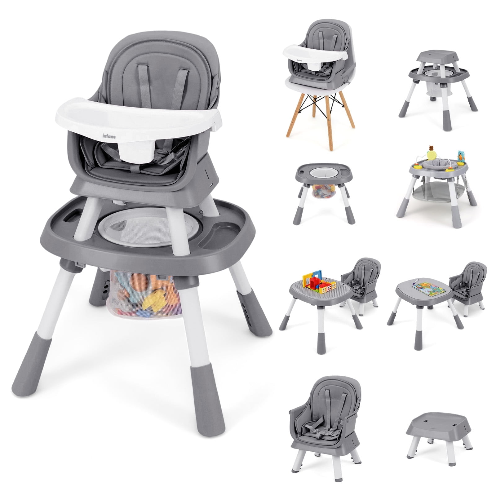 INFANS 9 in 1 High Chair, Convertible Baby Highchair for Babies and Toddlers, Table and Chair Set Building Block Infant Dining Booster Seat, Kids Stool with Activity Children Play Kitchen