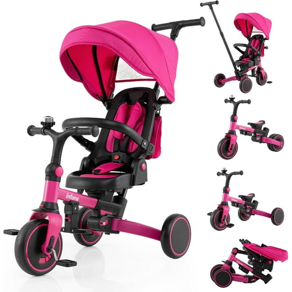 INFANS 9-in-1 Foldable Toddlers Tricycle, Converts Stroller to Balance Bike with Adjustable Push Handle, Canopy & Backrest, Pedal Conversion, Retractable Rear Wheels for 1-6 Years