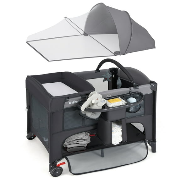 INFANS Baby Bassinet, 4 in 1 Nursery Center Pack and Play Baby Playard with Changing Table, Mosquito Net, Storage Basket, Travel Bag, Toy Bar for Newborn 0-36 Months