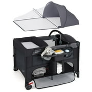 INFANS Baby Bassinet, 4 in 1 Nursery Center Pack and Play Baby Playard with Changing Table, Mosquito Net, Storage Basket, Travel Bag, Toy Bar for Newborn 0-36 Months