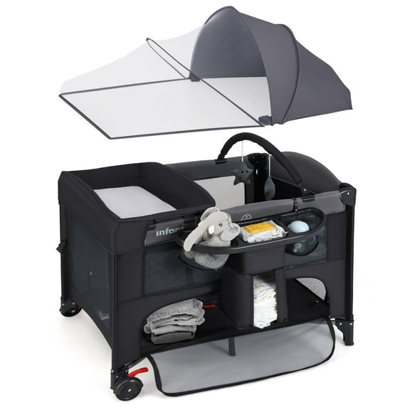 INFANS Baby Bassinet, 4 in 1 Nursery Center Pack and Play Baby Playard with Changing Table, Mosquito Net, Storage Basket, Travel Bag, Toy Bar for Newborn 0-36 Months