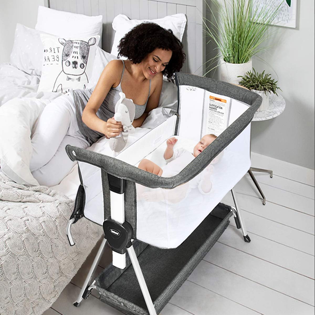 INFANS Baby Bassinet Bedside Crib Newborn Sleeper w Large Storage Basket Adjustable Heights Angle Detachable Mattress Breathable Mesh Easy Moving Bed Side Dark Grey Walmart