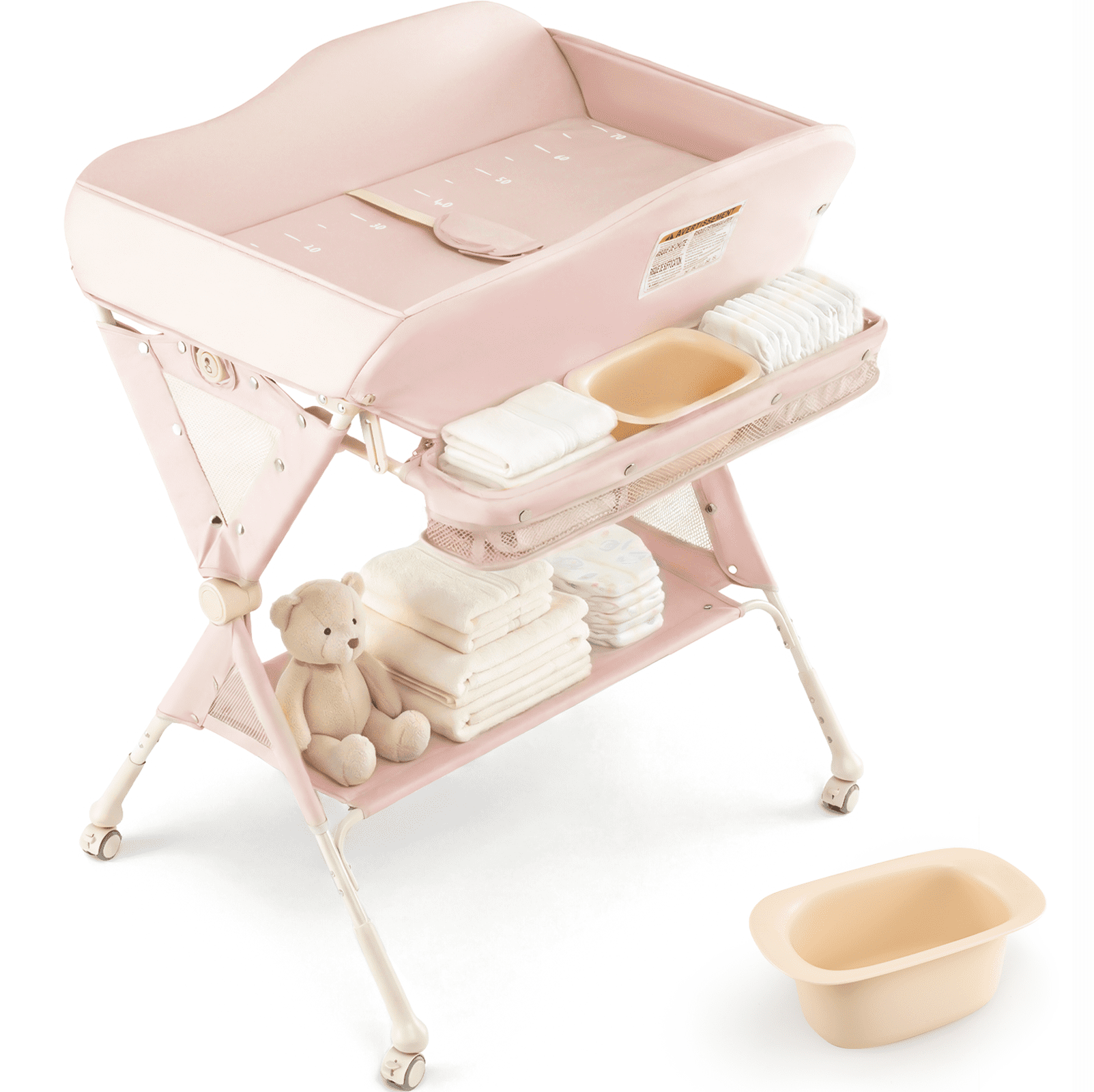 INFANS Baby Changing Table with Wheels, Portable Folding Diaper Station Nursery Organizer with Storage Basket, Hanging Rack, Adjustable Height, Safety Belt for Newborn Infant