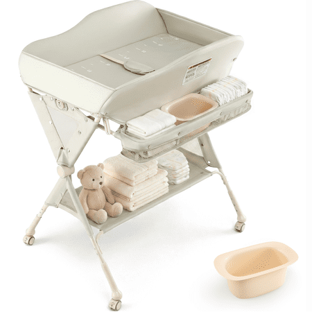 INFANS Baby Changing Table with Wheels, Portable Folding Diaper Station Nursery Organizer with Storage Basket, Hanging Rack, Adjustable Height, Safety Belt for Newborn Infant