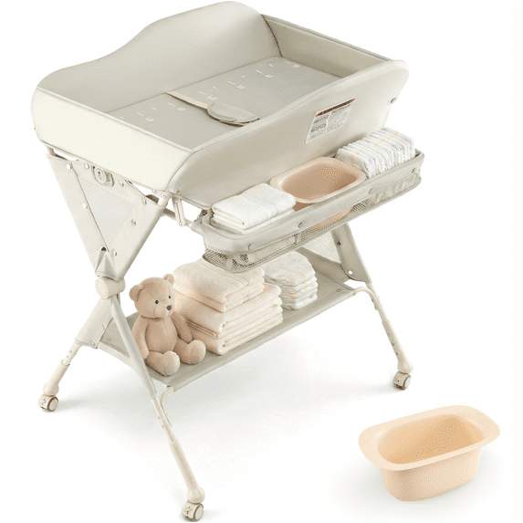 INFANS Baby Changing Table with Wheels, Portable Folding Diaper Station Nursery Organizer with Storage Basket, Hanging Rack, Adjustable Height, Safety Belt for Newborn Infant