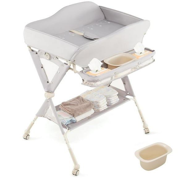 INFANS Baby Changing Table with Wheels, Portable Folding Diaper Station Nursery Organizer with Storage Basket, Hanging Rack, Adjustable Height, Safety Belt for Newborn Infant (Light Gray)