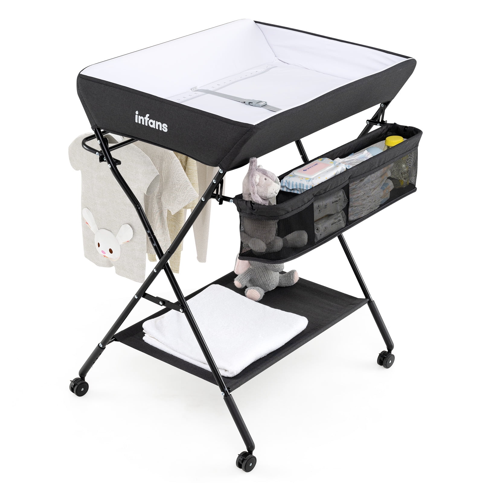 INFANS Baby Changing Table with Wheels, Portable Folding Diaper Station Nursery Organizer with Storage Basket, Hanging Rack, Adjustable Height, Safety Belt for Newborn Infant
