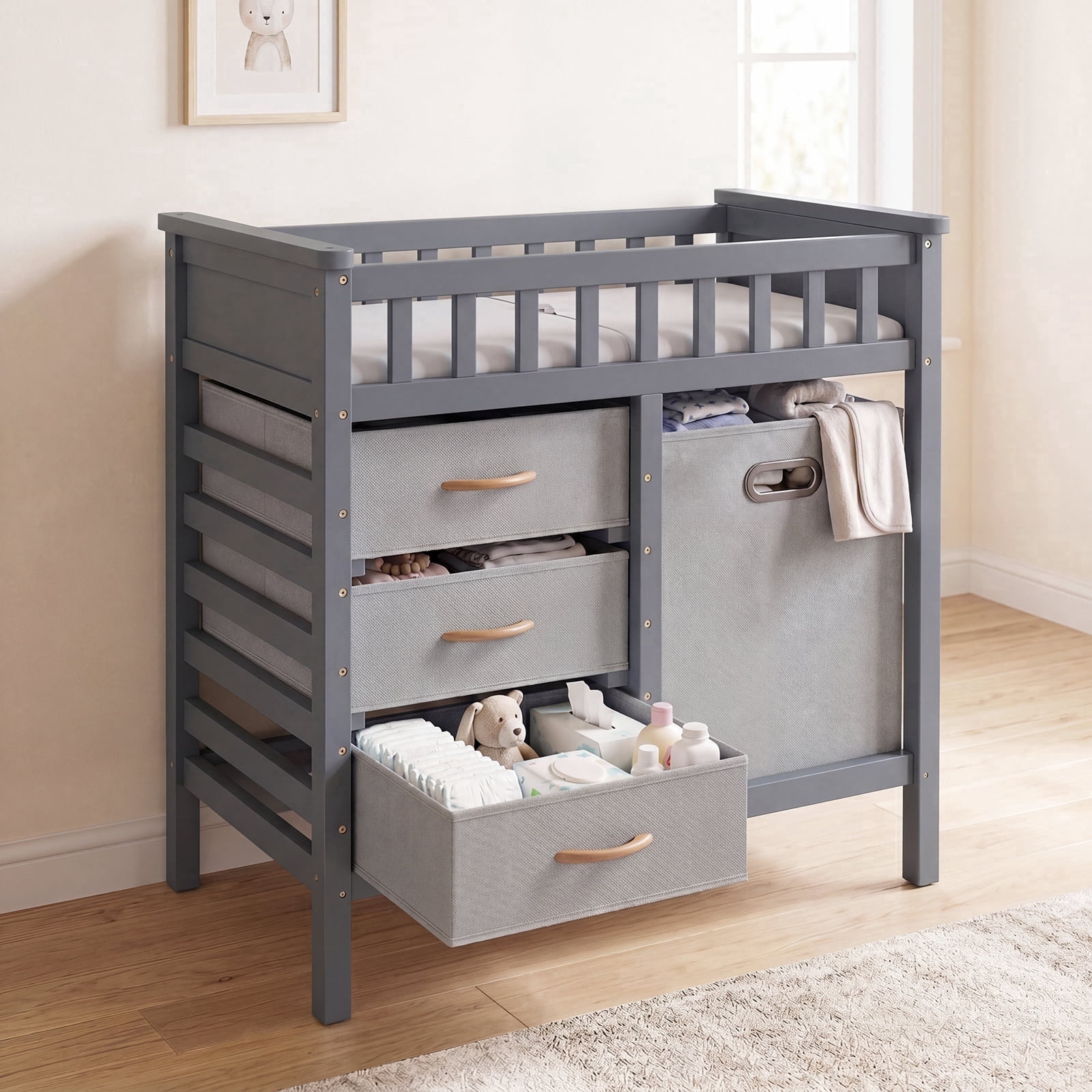 INFANS Baby Changing Table, Wooden Diaper Station Dresser with 3 Fabric Drawers, Laundry Hamper, Safety Belt, Pad for Nursery Infant