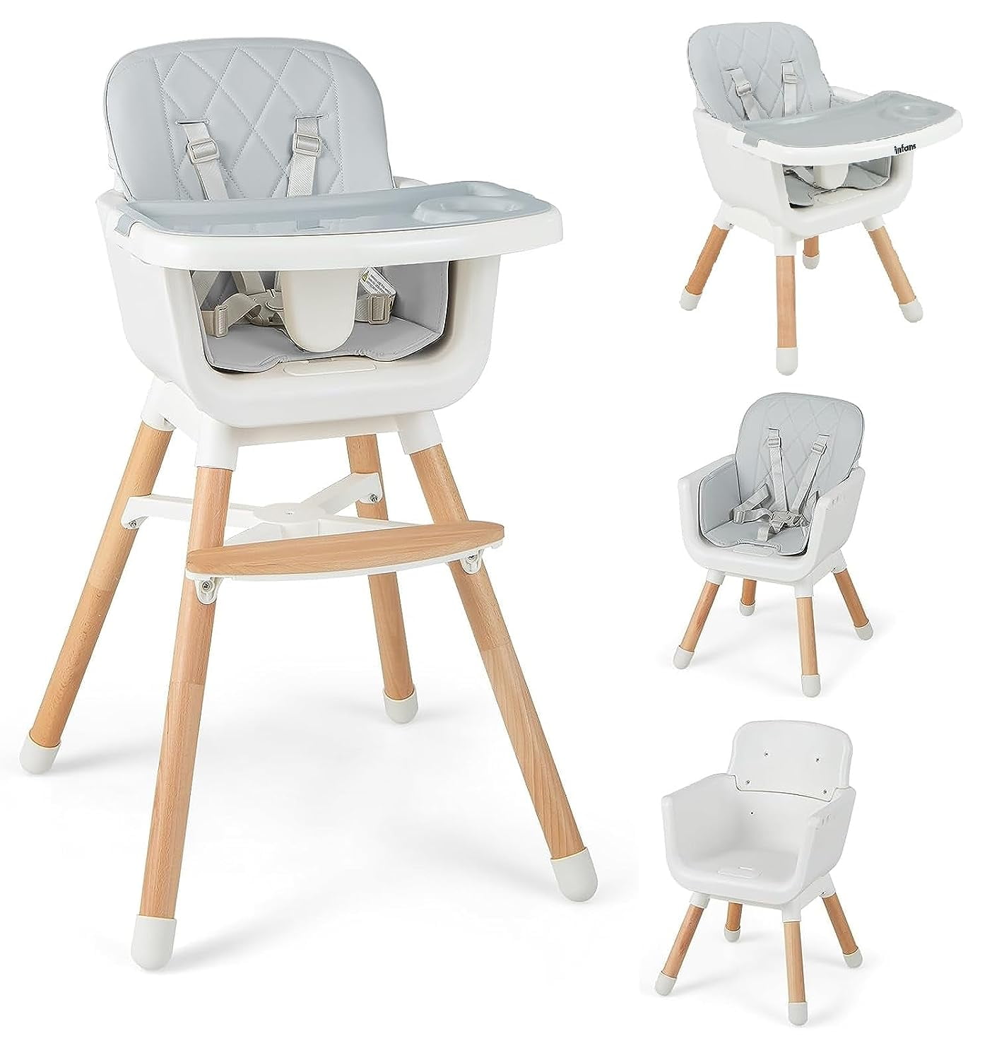 INFANS Baby High Chair, 6 in 1 Convertible Wooden Highchair with Double