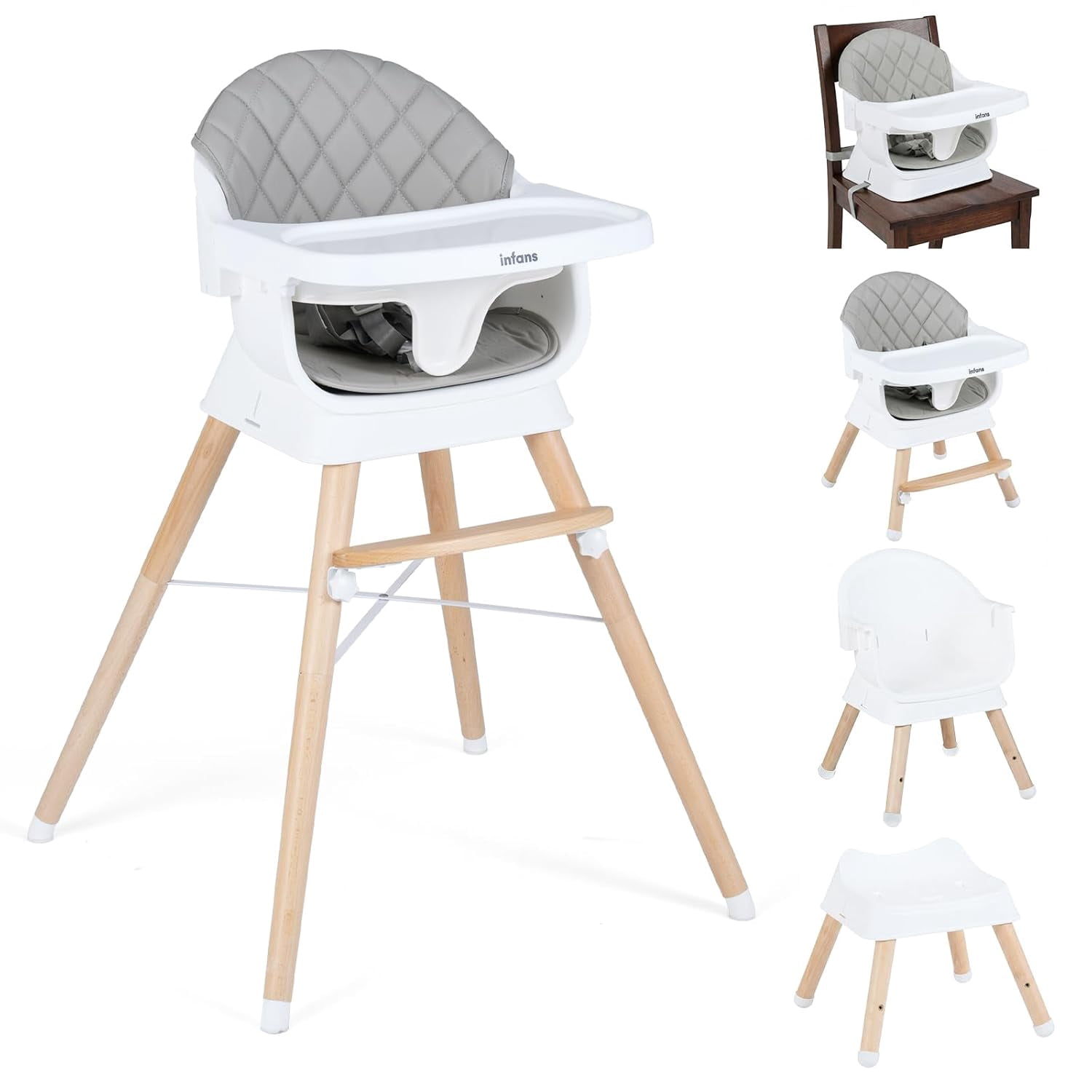 INFANS Baby High Chair, 6 in 1 Wooden Convertible Highchair for Babies and Toddlers, Infant Dining Booster Seat Kids Stool with Adjustable Removable Tray