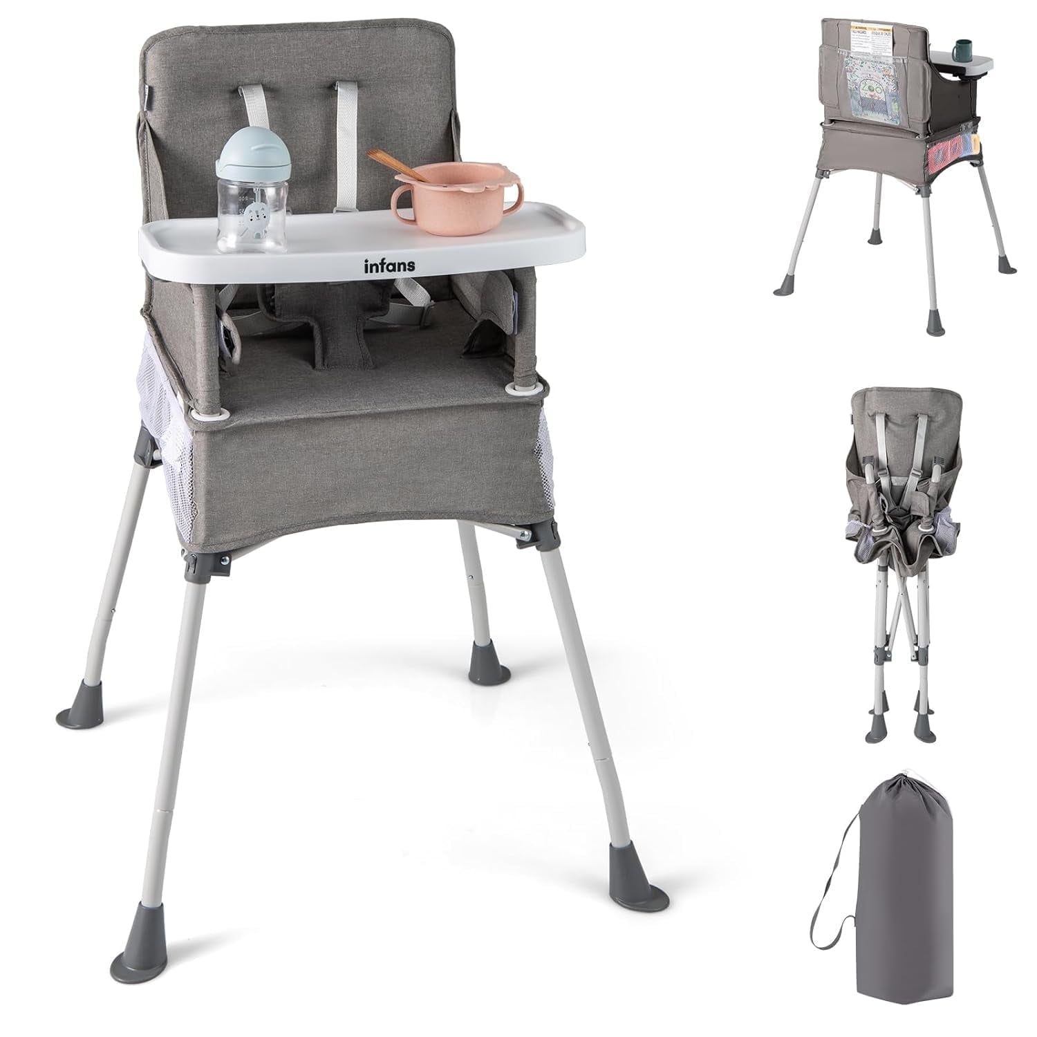 INFANS Baby High Chair, Foldable Portable Highchair for Babies and Toddlers with Travel Bag Adjustable Tray, 5 Point Harness, Compact Space Saver Infant Feeding Chair for Age 6-36 Months