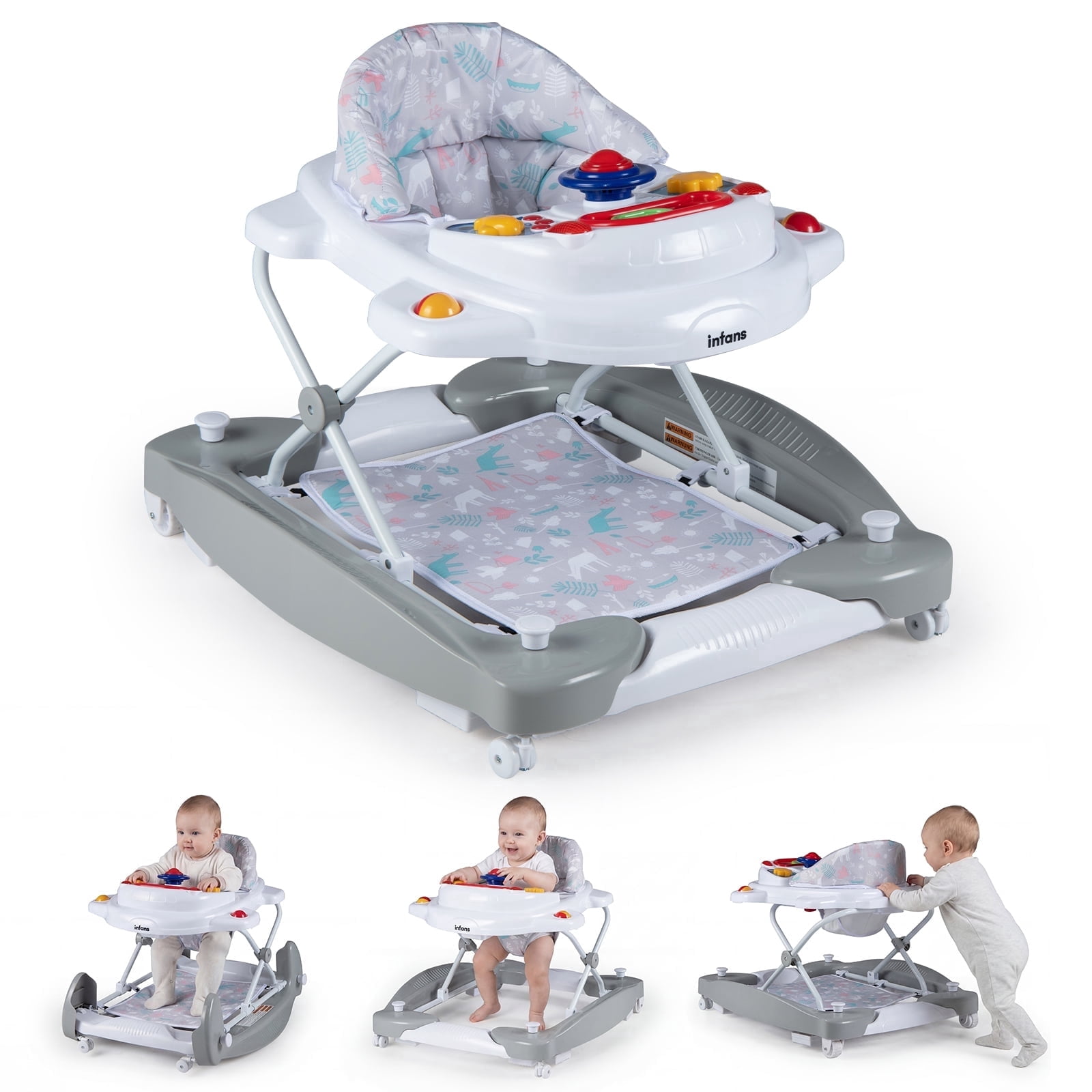INFANS Baby Walker, 6 in 1 Behind Walker Learning Seated Rocker Bouncer with Removable Music Tray, Adjustable Height, Washable Seat Cushion, Foldable Activity Center for Toddlers