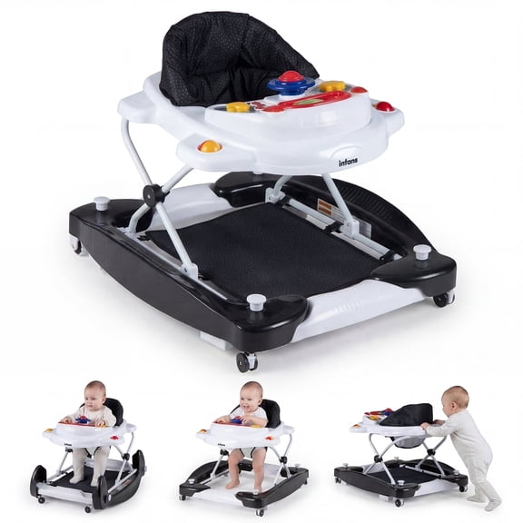 INFANS Baby Walker, 6 in 1 Behind Walker Learning Seated Rocker Bouncer with Removable Music Tray, Adjustable Height, Washable Seat Cushion, Foldable Activity Center for Toddlers