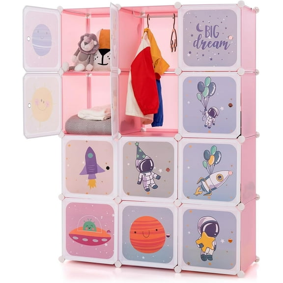 OLAKIDS Children Wardrobe, Kid Closet Portable Baby Dresser Cute for Kids Bedroom Nursery Armoire with Doors 12 Cube 2 Hanging Sections, Kid Clothes Storage Organizer (Pink, 12 Cubes)
