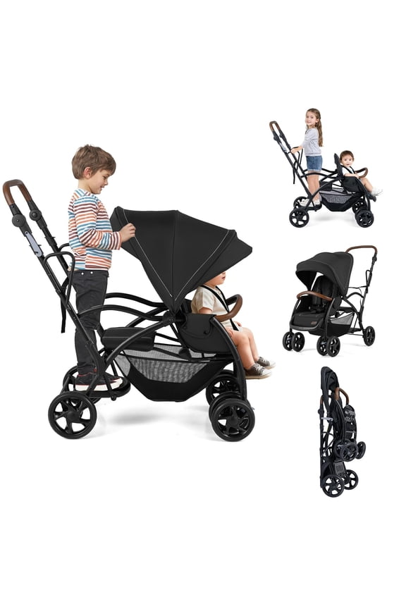 INFANS Double Stroller with Leather Handle, Front Seat 2-Position Recline, Rear Standing Board, 5-Point Harnesses, Dual Rear Brakes and Lockable Front Wheels, Baby Pushchair for Toddlers