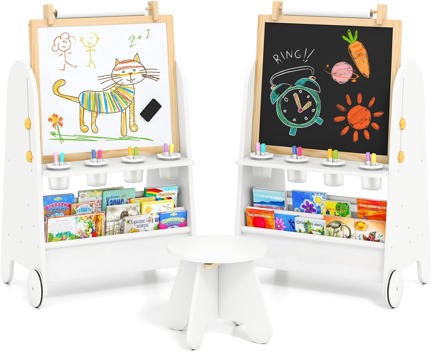 INFANS Easel for Kids with Stool, 4-in-1 Double-Sided Adjustable Magnetic Chalkboard with Paper Roll, Bookshelves, Wheels, Wooden Standing Painting Drawing Art Board for Boys Girls