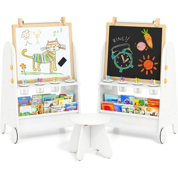 INFANS Easel for Kids with Stool, 4-in-1 Double-Sided Adjustable Magnetic Chalkboard with Paper Roll, Bookshelves, Wheels, Wooden Standing Painting Drawing Art Board for Boys Girls