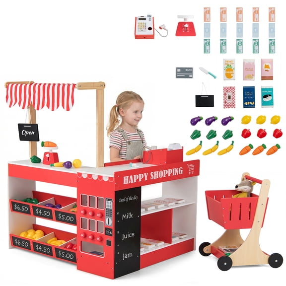 INFANS Grocery Store Pretend Play for Kids, Wooden Supermarket Toy Set with Shopping Cart, Vending Machine, Cash Register, Gift for Boys Girls 3+