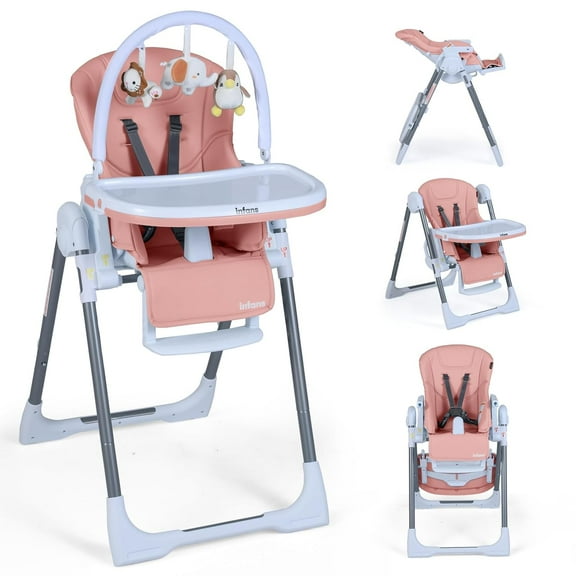 INFANS High Chair for Babies and Toddlers, Foldable Highchair with 7 Different Heights 4 Reclining Backrest Seat 3 Setting Footrest, Removable Tray Built-in Rear Wheels with Locks