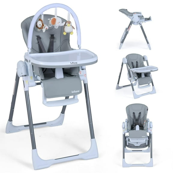 INFANS High Chair for Babies and Toddlers, Foldable Highchair with 7 Different Heights 4 Reclining Backrest Seat 3 Setting Footrest, Removable Tray Built-in Rear Wheels with Locks