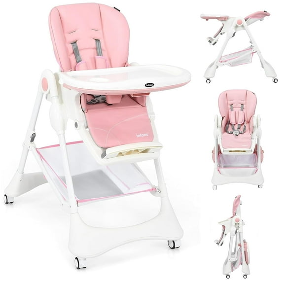 OLAKIDS High Chair with One-Hand Removable Tray, 4 Lockable Wheels & Large Storage Basket - Multi-Adjustable Height, Footrest, Removable Cushion, Foldable for Baby, Infant& Toddler, Pink