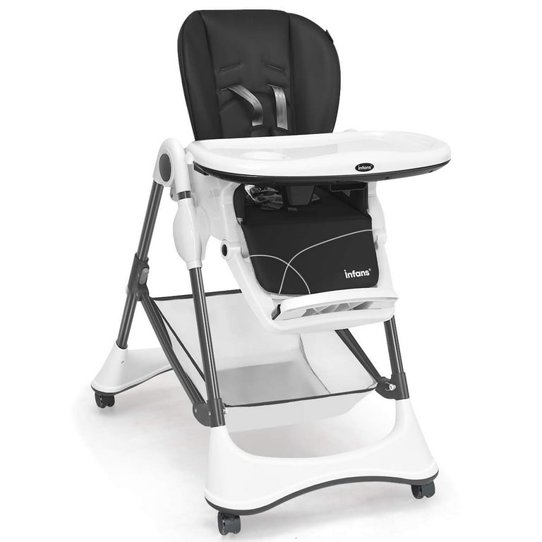 INFANS High Chair with One Hand Removable Tray 4 Lockable Wheels Large Storage Basket Multi Adjustable Height Recline Footrest Removable