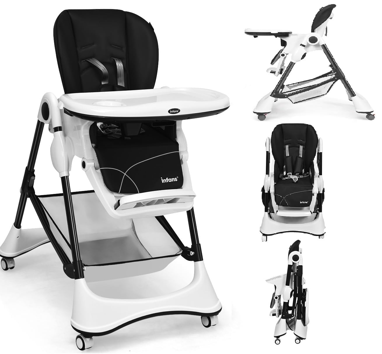 INFANS High Chair with One-Hand Removable Tray, 4 Lockable Wheels & Large Storage Basket - Multi-Adjustable Height, Recline & Footrest, Removable Cushion, Foldable for Baby, Infant& Toddler
