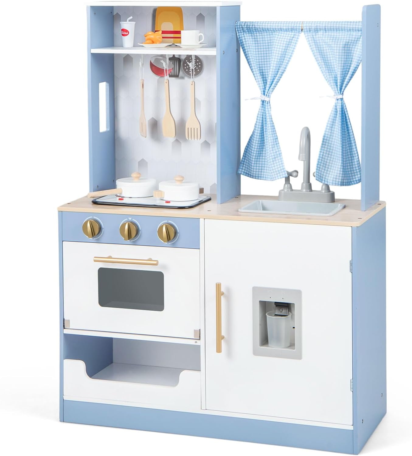 INFANS Kid Kitchen Playset, Toddler Wooden Pretend Cooking Set with ...