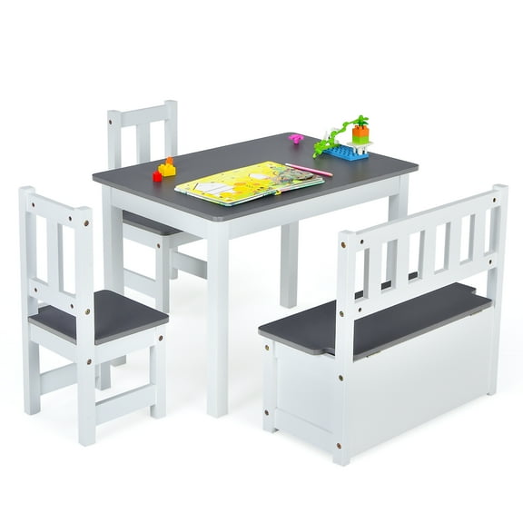 Infans 4 PCS Kids Wooden Activity Table & Chairs Set w/ Storage Bench Study Desk Grey