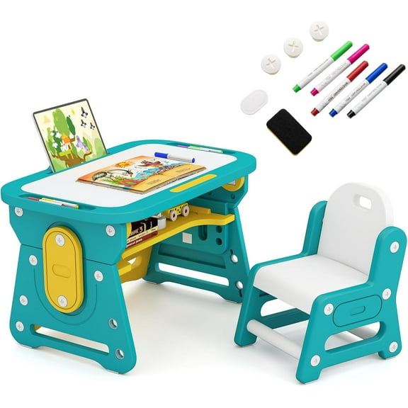 INFANS Kids Adjustable Table & Chair Set with Drawing Board for 3 , Toddler Activity Desk for Drawing with Storage Shelf, Non-Slip Pads, Watercolor Pens & Eraser, Indoor Art/Study Furniture