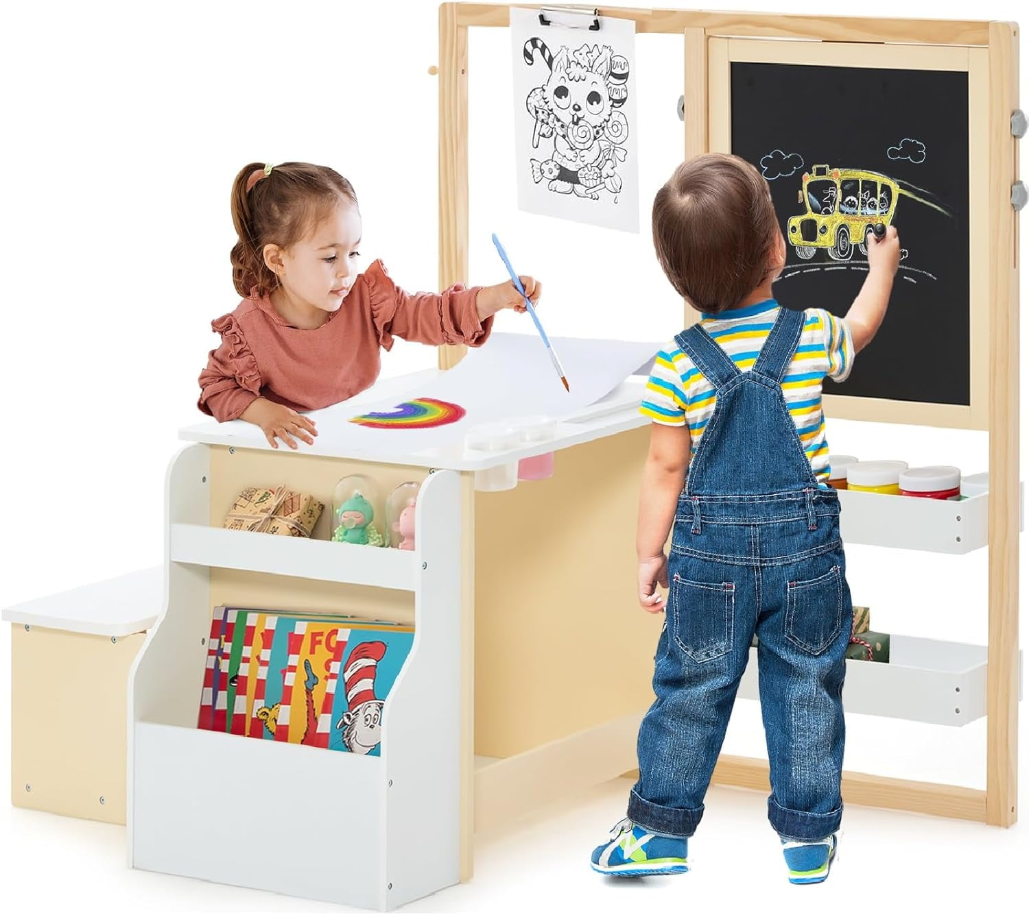 INFANS 2 in 1 Kids Art Table and Chair Set, Toddler Craft Play Wood  Activity Desk with 2 Chairs Paper Roll Storage Canvas Bins for Drawing  Writing