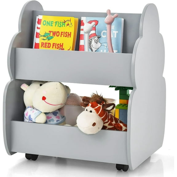 OLAKIDS Kids Bookshelf with Wheels, Wooden Bookcase Toy Storage Cabinet Organizer Holder, Toddler Display Stand Book Rack for Bedroom Playroom Nursery Kindergarten