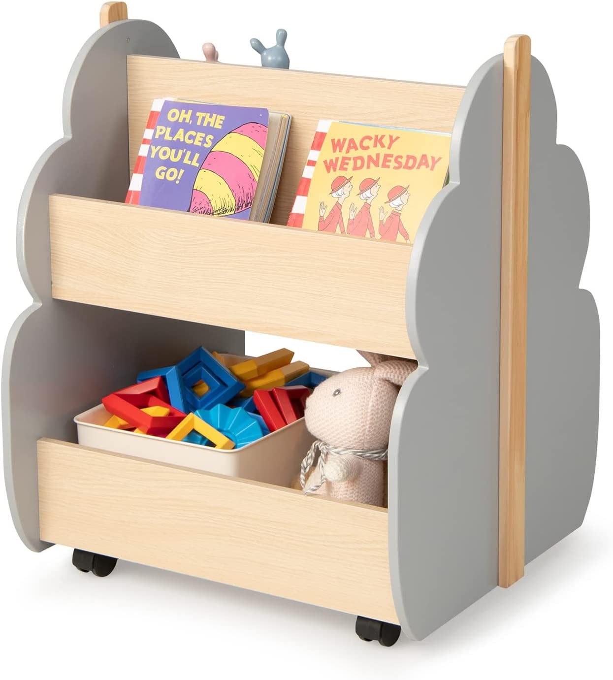 INFANS Kids Bookshelf with Wheels, Wooden Bookcase Toy Storage