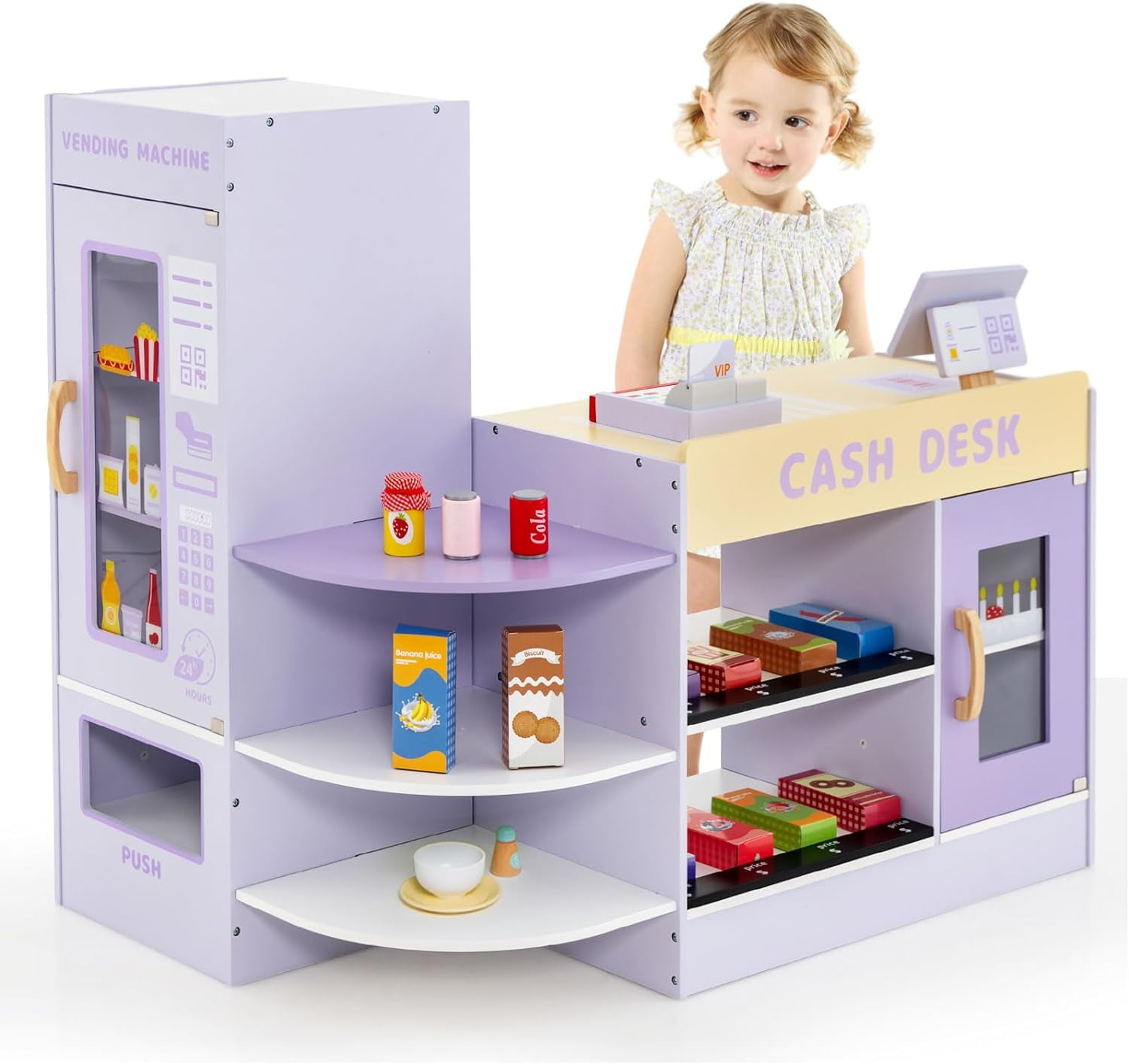 OLAKIDS Kids Grocery Store Playset, Wooden Supermarket Toy Set with Cash Register, Vending Machine, Play Food Accessories, Blackboard, Pretend Play Store Gift for Toddler Boys Girls (Purple)