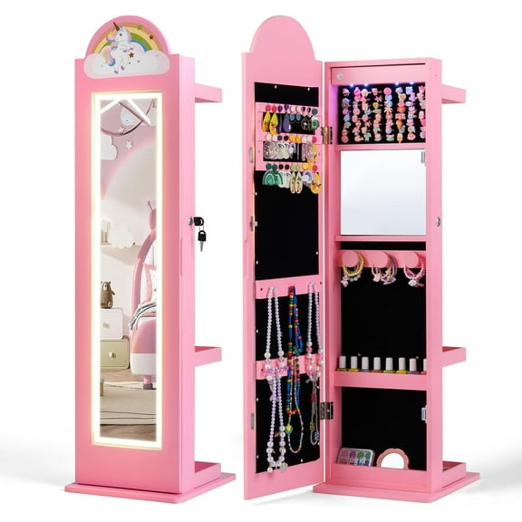 INFANS Kids Jewelry Armoire Cabinet, 360° Swivel Lockable Standing Makeup Organizer with Interior Lights, Rotatable Full-Length LED Vanity Mirror with Foldable Fabric Drawer for Girls