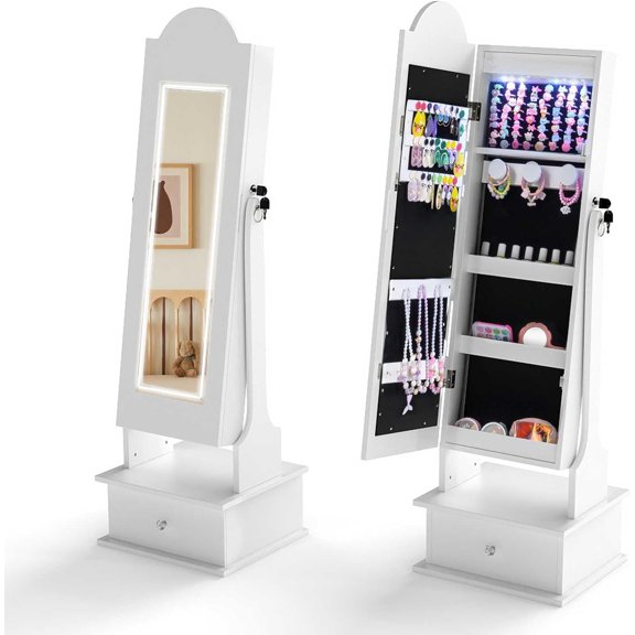 INFANS Kids Jewelry Armoire with LED Lights, Adjustable Jewelry Cabinet with Full-Length Mirror Storage Drawer, Lockable Standing Organizer for Necklaces, Earrings for Little Girls