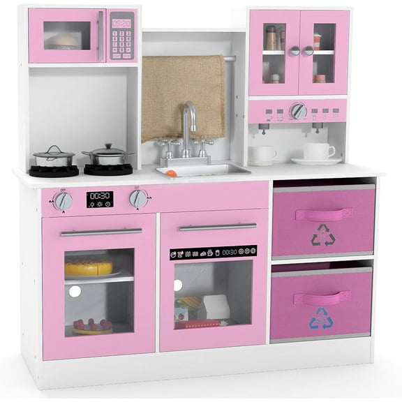 INFANS Kids Kitchen Play Set, Wooden Pretend Play Kitchen with Realistic Lights Sounds Coffee Maker Dishwasher Microwave Oven Foldable Fabric Drawers, Toddler Cooking Toys for Boys Girls