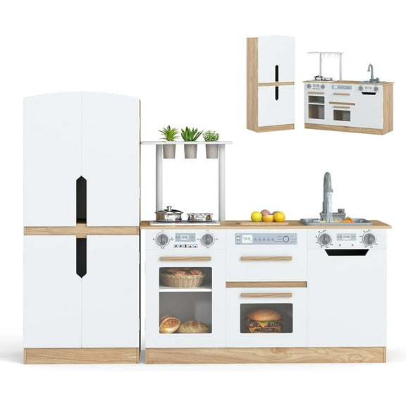 INFANS Kids Kitchen Playset, 2 in 1 Wooden Pretend Play Kitchen with Running Water Fridge Realistic Sounds Lights, Toddler Cooking Toys Gift for Boys Girls