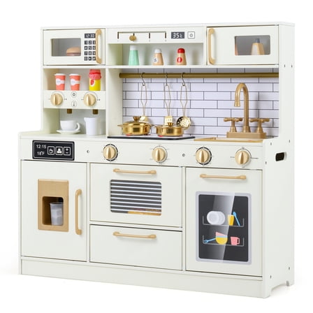 INFANS Kids Kitchen Playset, Wooden Pretend Play Kitchen with Realistic Light Sound, Toddler Cooking Toy for Boys Girls Aged 3+