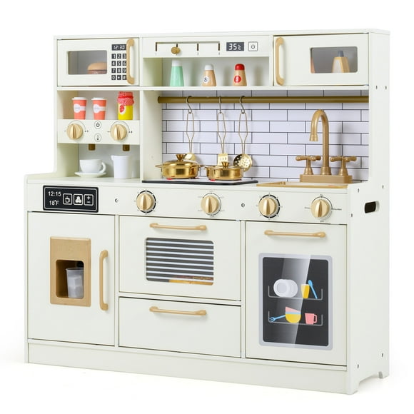 INFANS Kids Kitchen Playset, Wooden Pretend Play Kitchen with Realistic Light Sound, Toddler Cooking Toy for Boys Girls Aged 3+