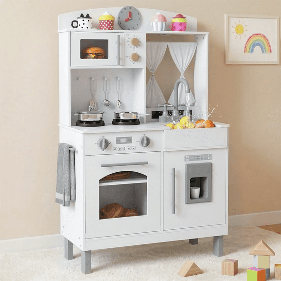 INFANS Kids Kitchen, Wooden Pretend Playset with Adjustable Heights Realistic Sounds Ice Maker Microwave Oven, Toddler Cooking Toy Gift for Boys Girls Aged 3+