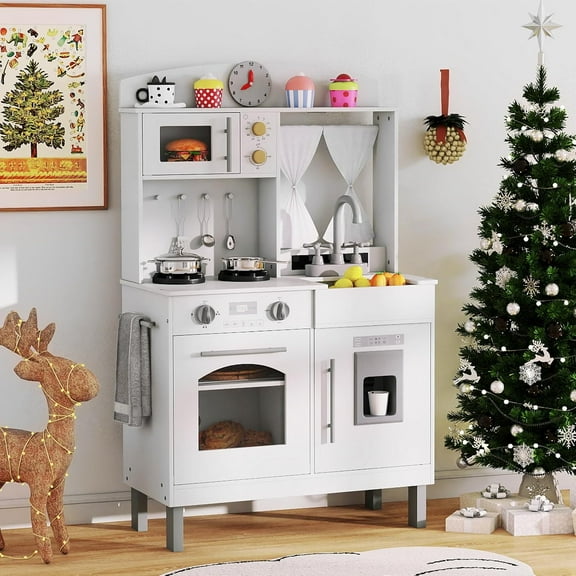 INFANS Kids Kitchen, Wooden Pretend Playset with Adjustable Heights Realistic Sounds Ice Maker Microwave Oven, Toddler Cooking Toy Gift for Boys Girls Aged 3 