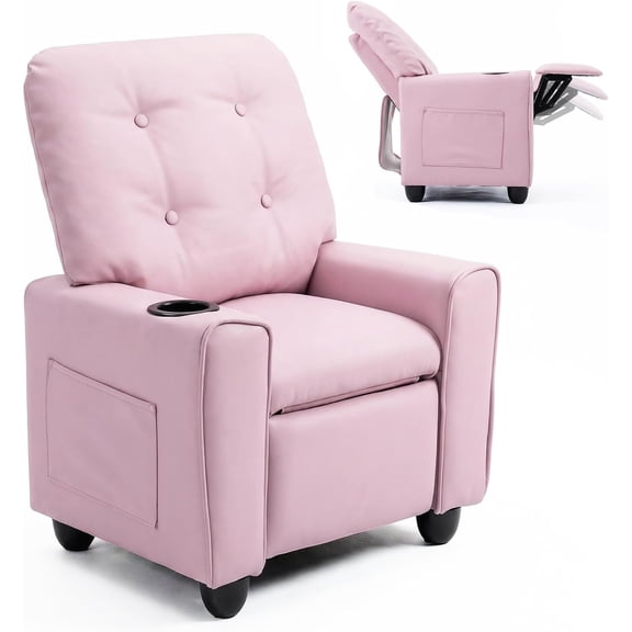 INFANS Kids Recliner, Toddler Lounge Chair with Adjustable Backrest Footrest Cup Holder Side Pockets, PU Leather Toddler Couch