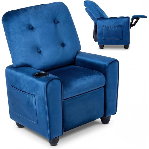 INFANS Kids Recliner, Toddler Lounge Chair with Adjustable Backrest Footrest Cup Holder Side Pockets, Velvet Leather Toddler Couch