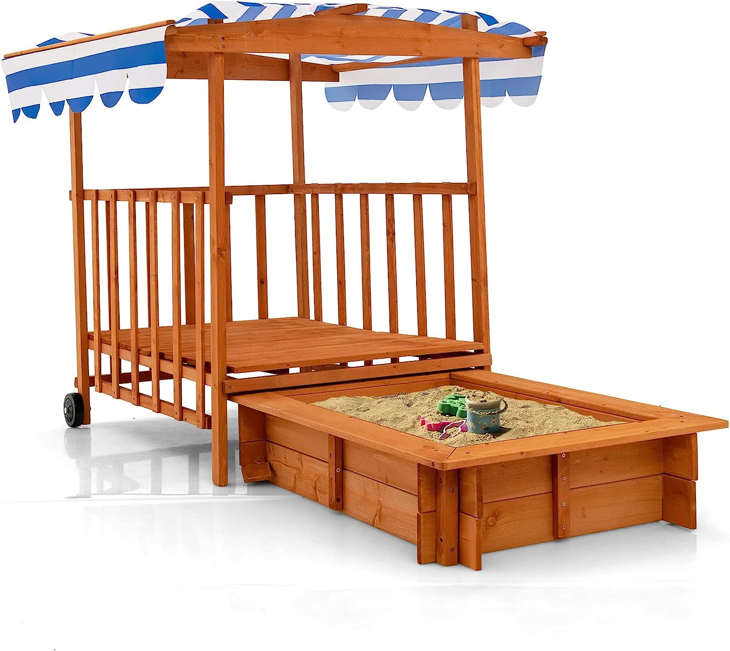 INFANS Kids Sandbox with Canopy and Cover, Rear Wheels, Wooden Cedar