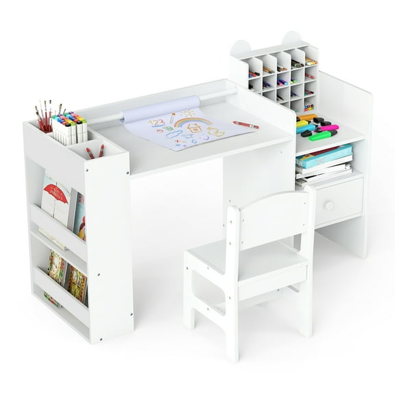 INFANS Kids Study Desk and Chair Set, Wooden Learning Table with Storage Hutch, Drawer, Paper Roll, Round MDF Student Furniture for Writing, Drawing, Ages 3 